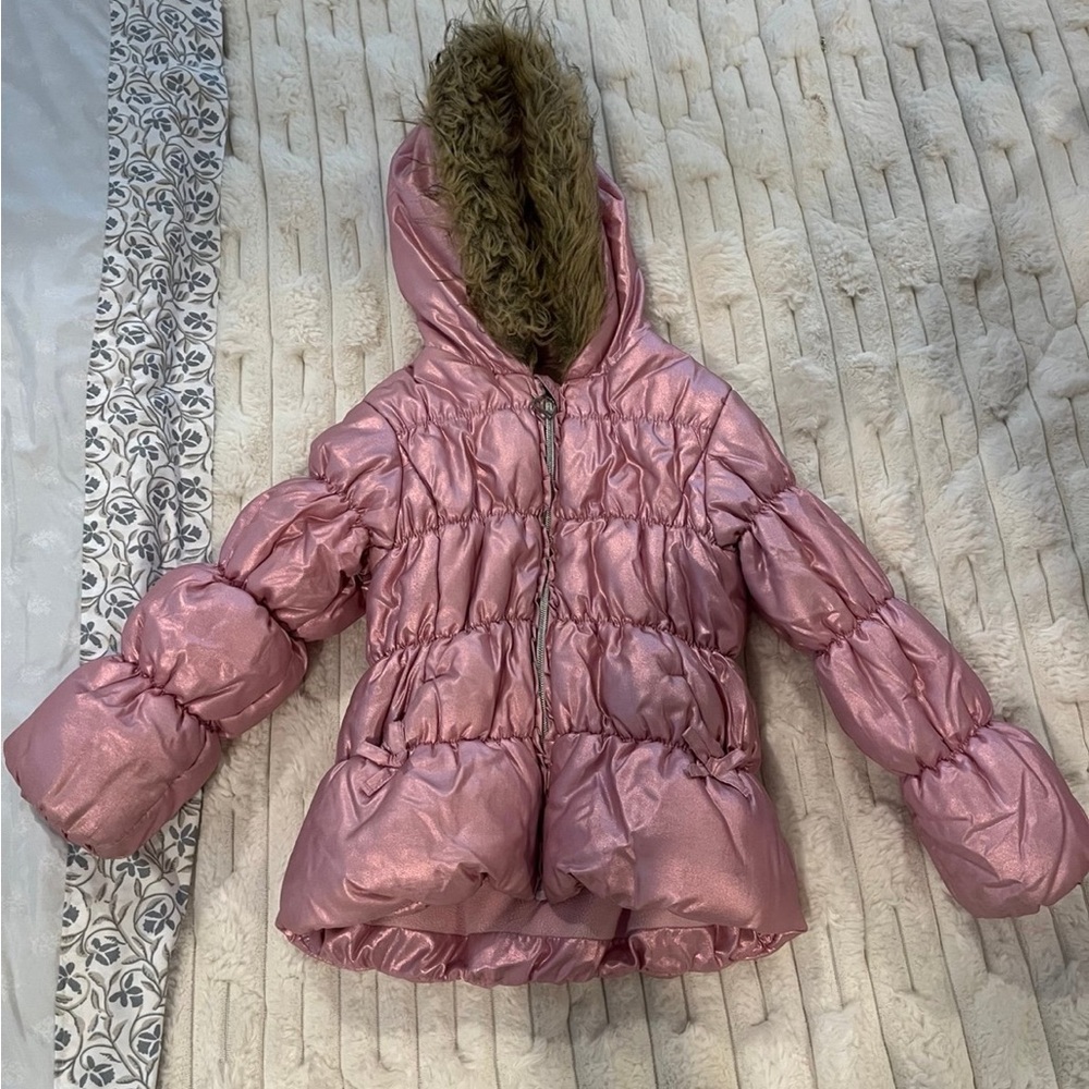 Pink Hooded Puffer Jacket with Faux Fur Trim